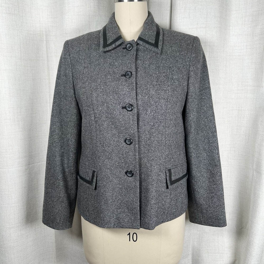 Vintage Pendleton Blazer Jacket Womens 10 Gray Tweed Wool Silk Leather Trim